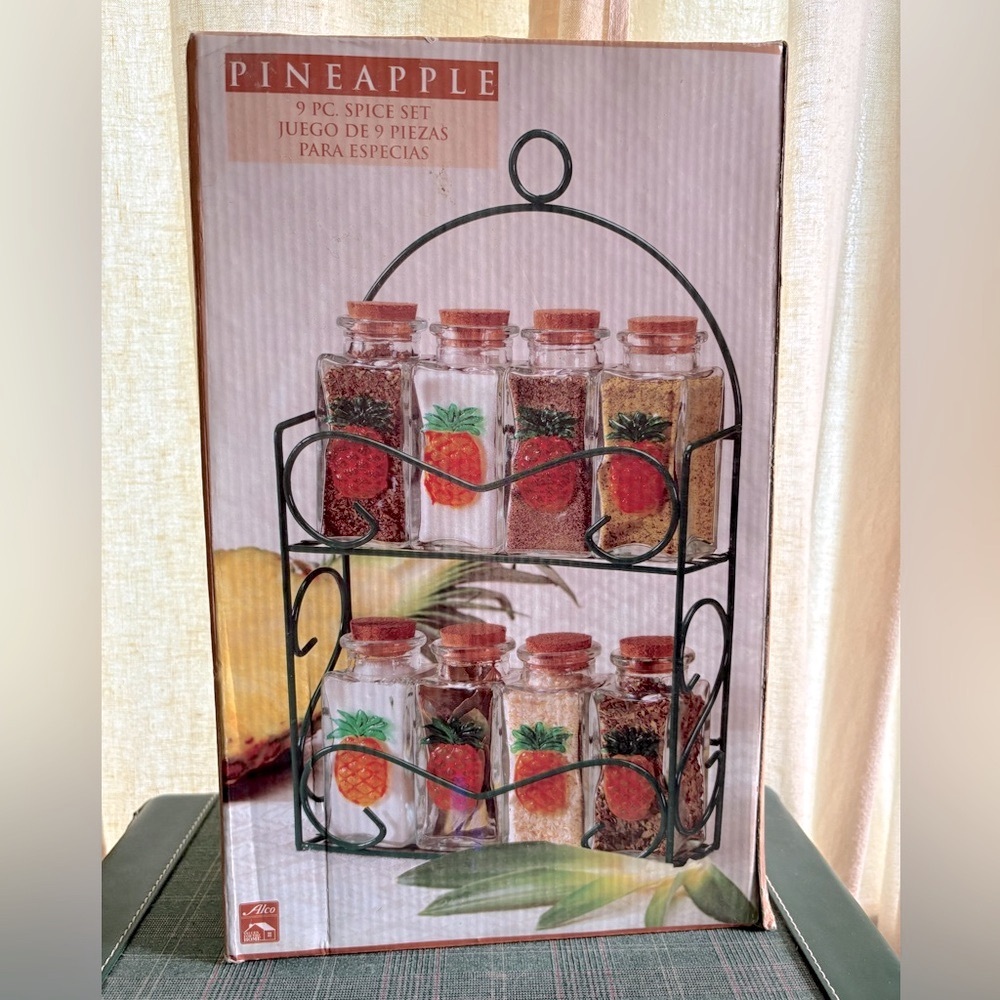 Pineapple Spice Set Glass Jars Metal Rack